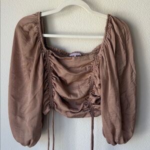 Brown cropped top Blouse with Ruched Puff Sleeves 3/4 length sleeves